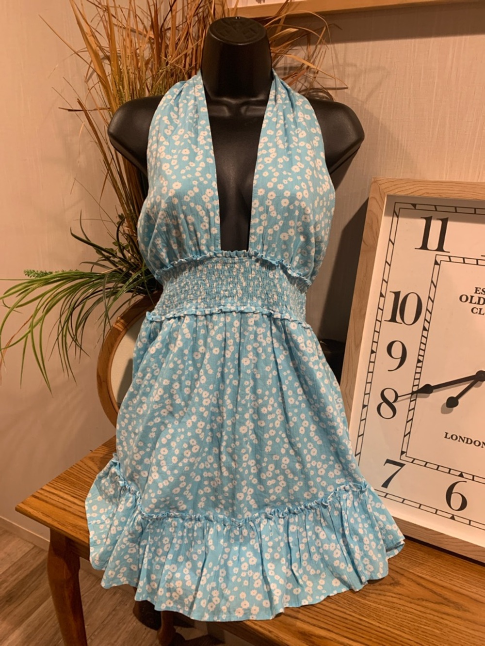 aerie Blue Floral Halter Mini Dress